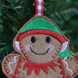 machine embroidered gingerbread elf hanging christmas tree ornament
