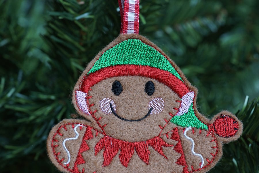 machine embroidered gingerbread elf hanging christmas tree ornament