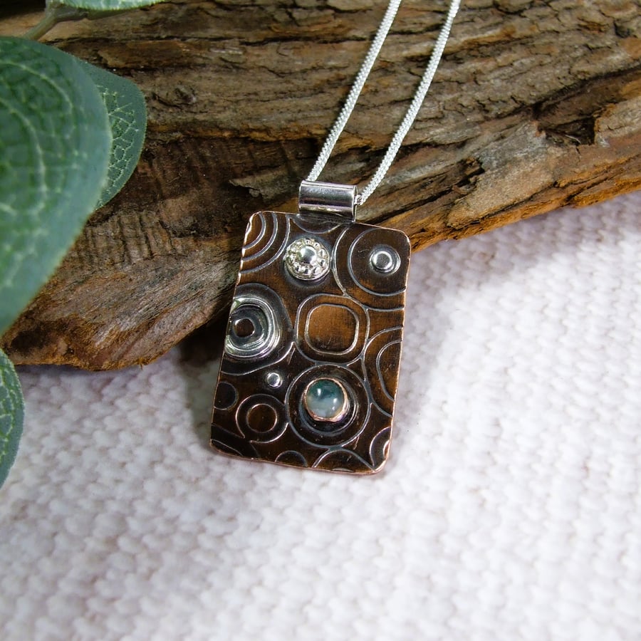 Sterling Silver and Copper Necklace with Moss Agate and Flower