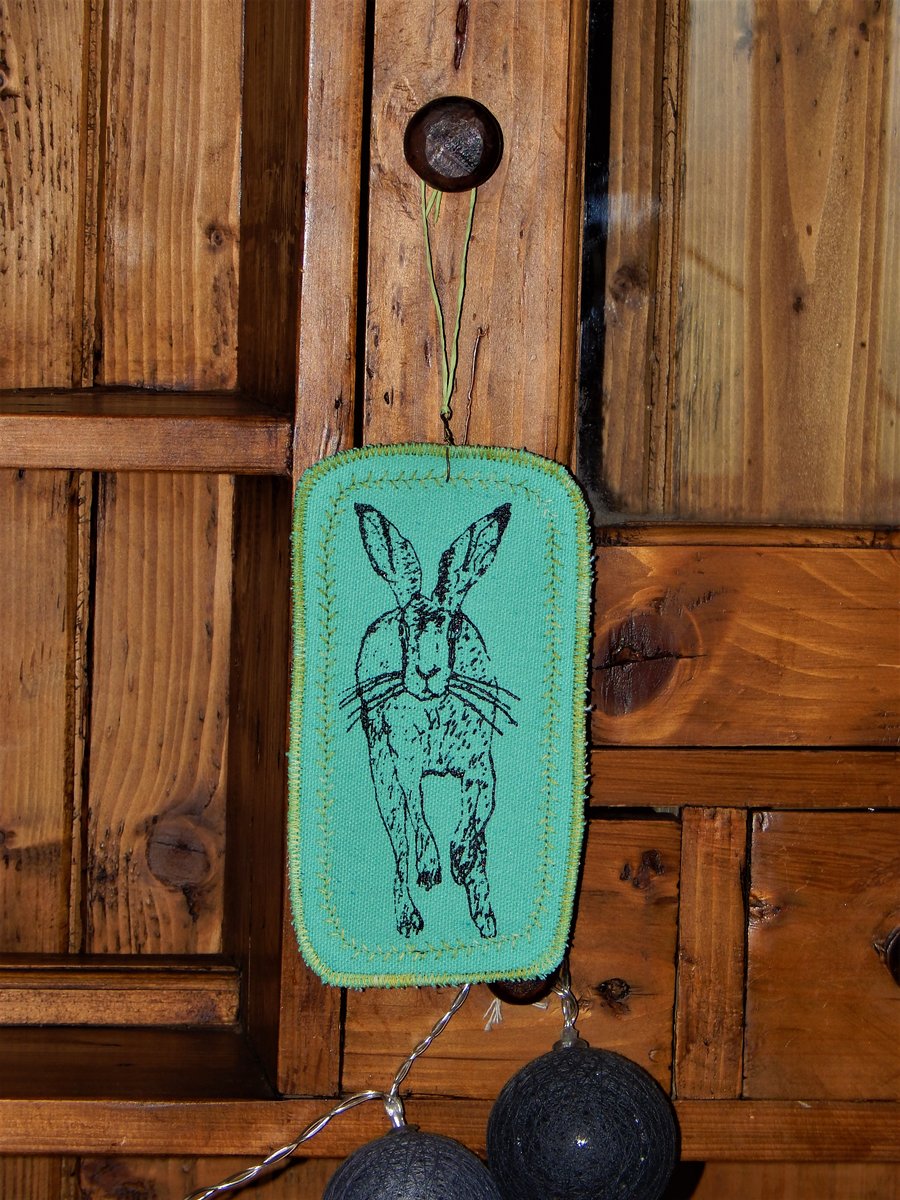 Running Hare Hanger - Screen printed onto mint green cotton canvas