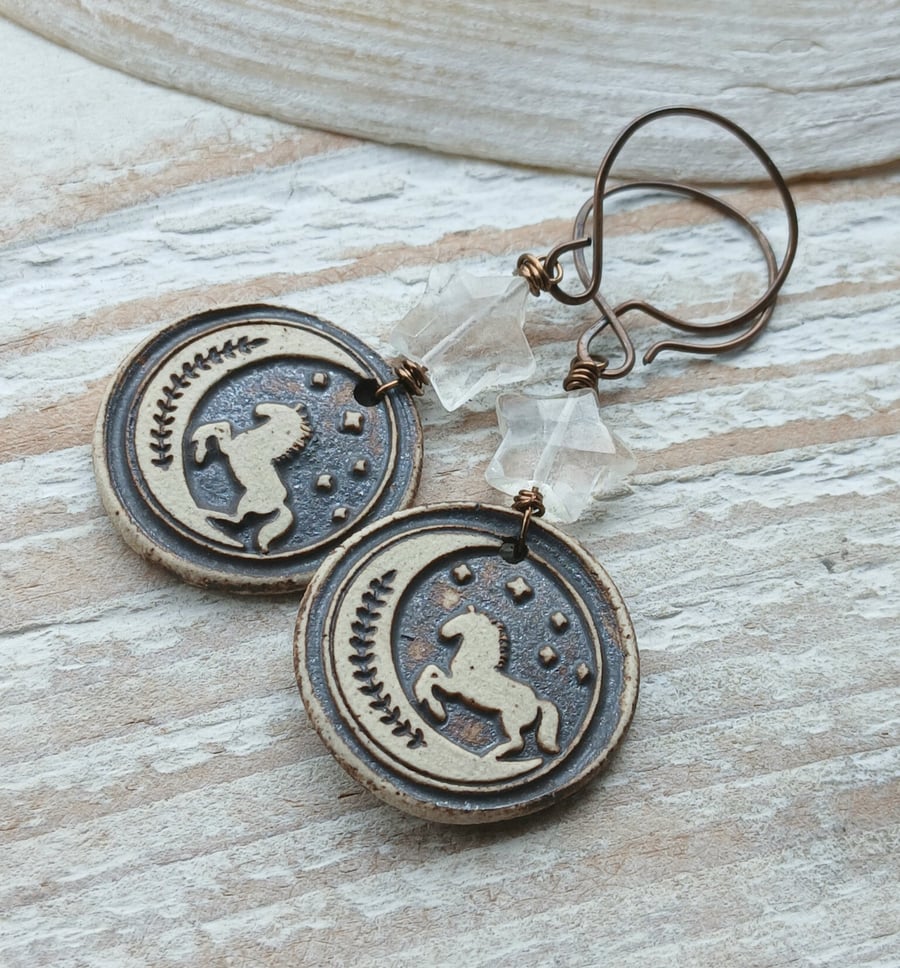 Handmade Ceramic Horse Earrings with Quartz Star Beads