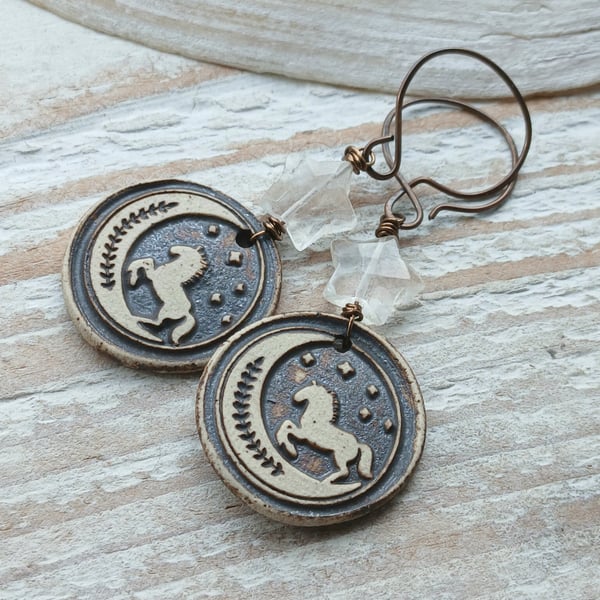Handmade Ceramic Horse Earrings with Quartz Star Beads