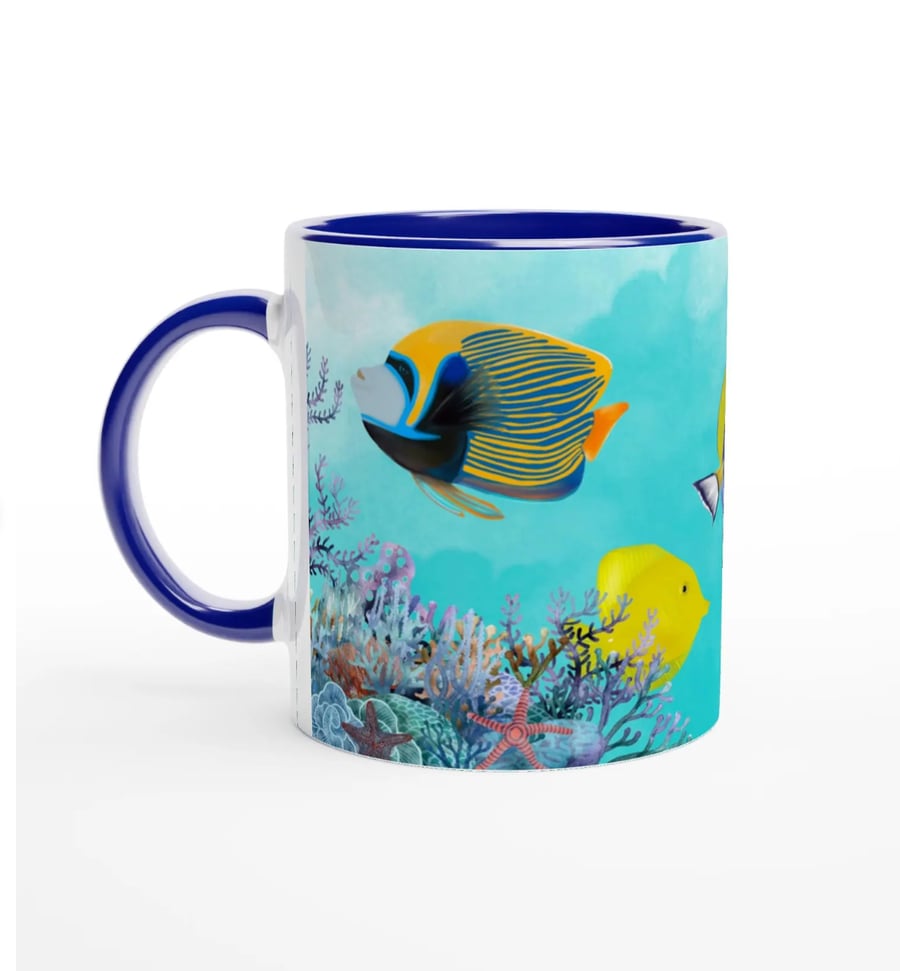 Marine Life Ceramic Mug – 11oz Two-Tone Coffee Cup with Blue Handle