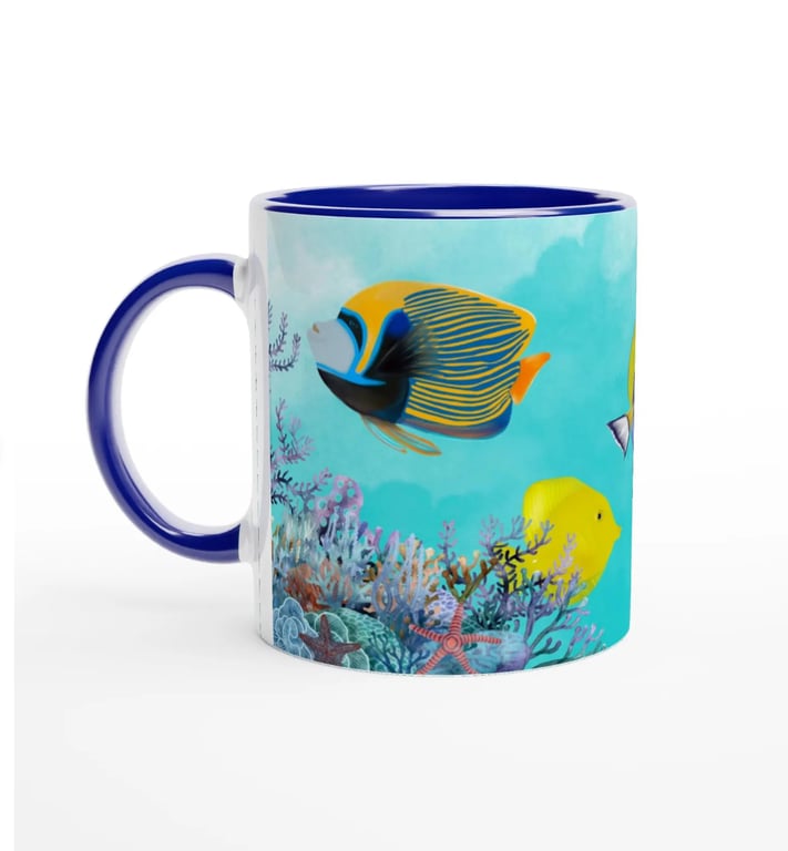 Marine Life Ceramic Mug – 11oz Two-Tone Coffee Cup with Blue Handle