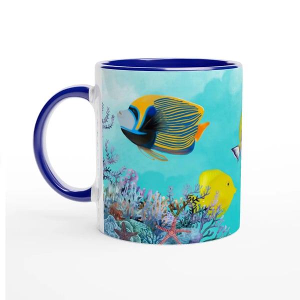 Marine Life Ceramic Mug – 11oz Two-Tone Coffee Cup with Blue Handle