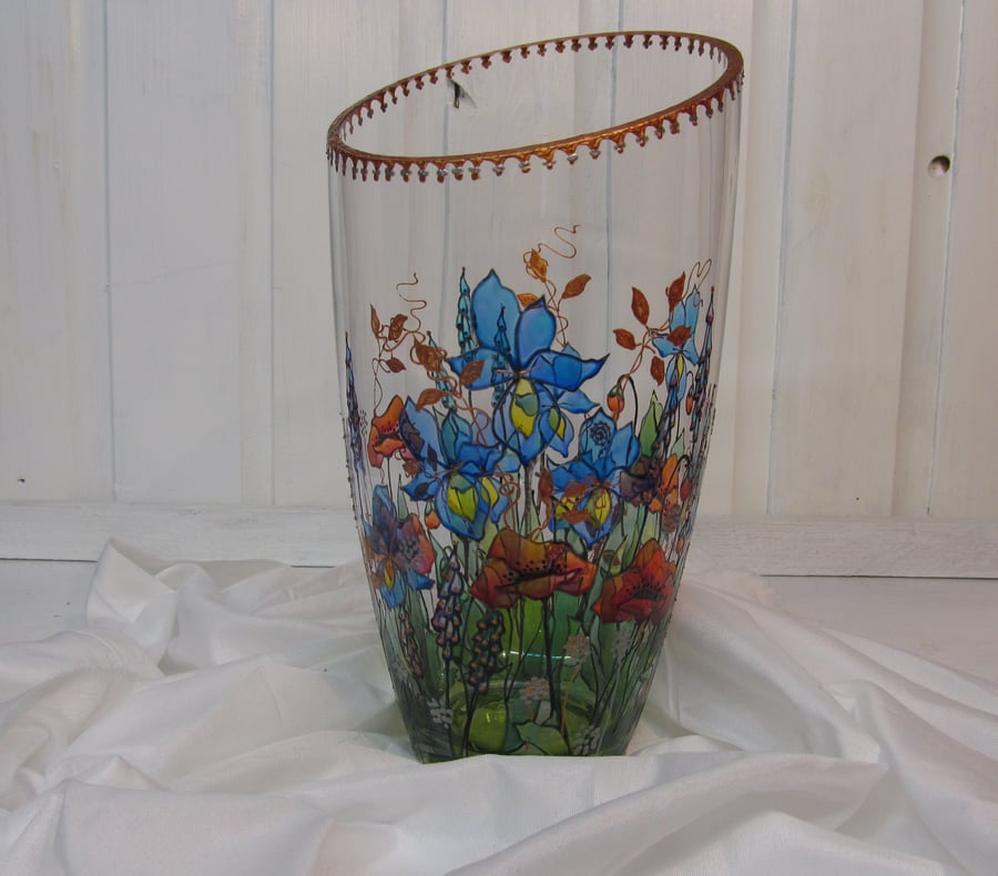 Painted Glass Vase (Large) - Poppies and Iris