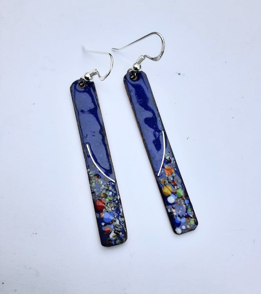 LONG SLIM ENAMELLED EARRINGS WITH STERLING SILVER WIREWORK - ROYAL BLUE