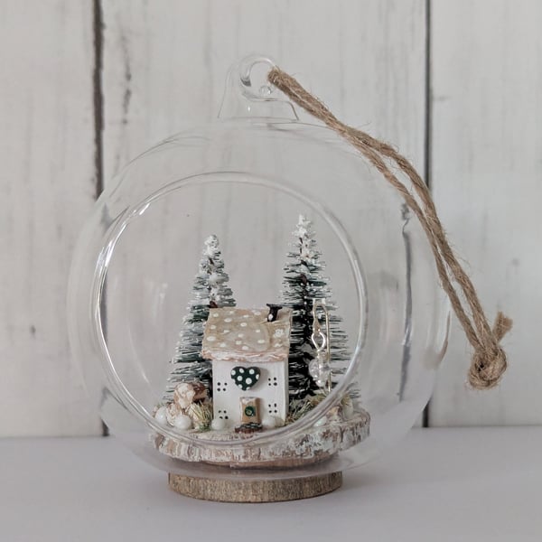 Glass Bauble Christmas Decoration with Cottage Scene