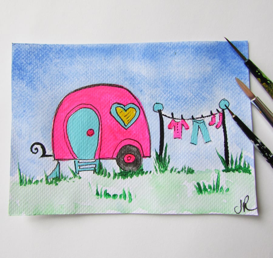 Original ACEO, Shocking Pink Retro Caravan Small Art