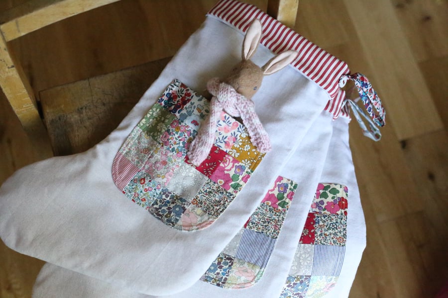 Heirloom Bunny Christmas Stocking  - pink or blue scarf