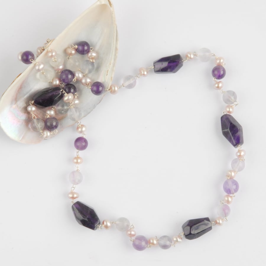 Amethyst nugget and pearl silver necklace