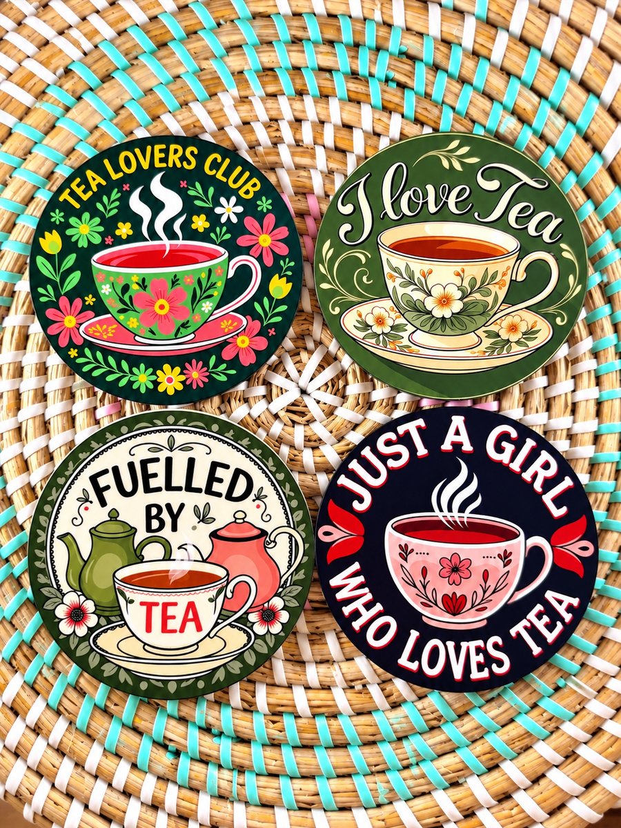 Tea Lover's Wooden Coaster Set of 4 – Handmade Tea-Themed Coasters