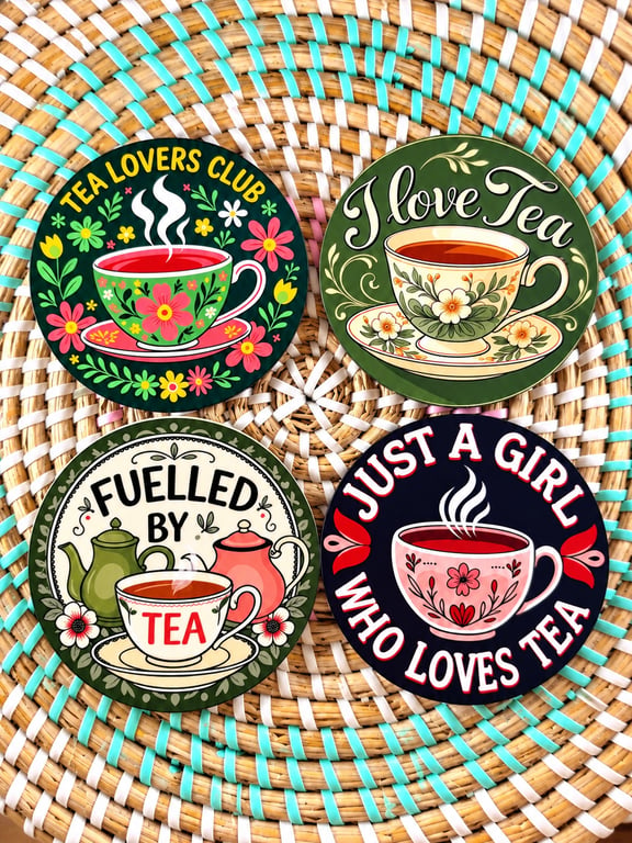 Tea Lover's Wooden Coaster Set of 4 – Handmade Tea-Themed Coasters