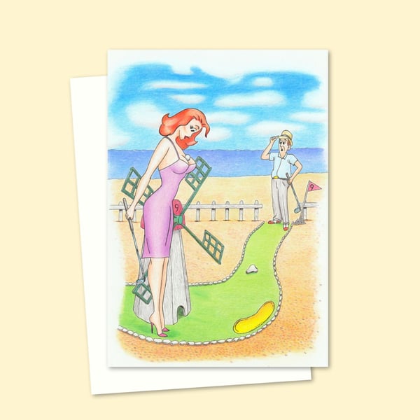 Crazy Golf Greeting Card - Seaside Postcard Style Pencil Illustration (805)