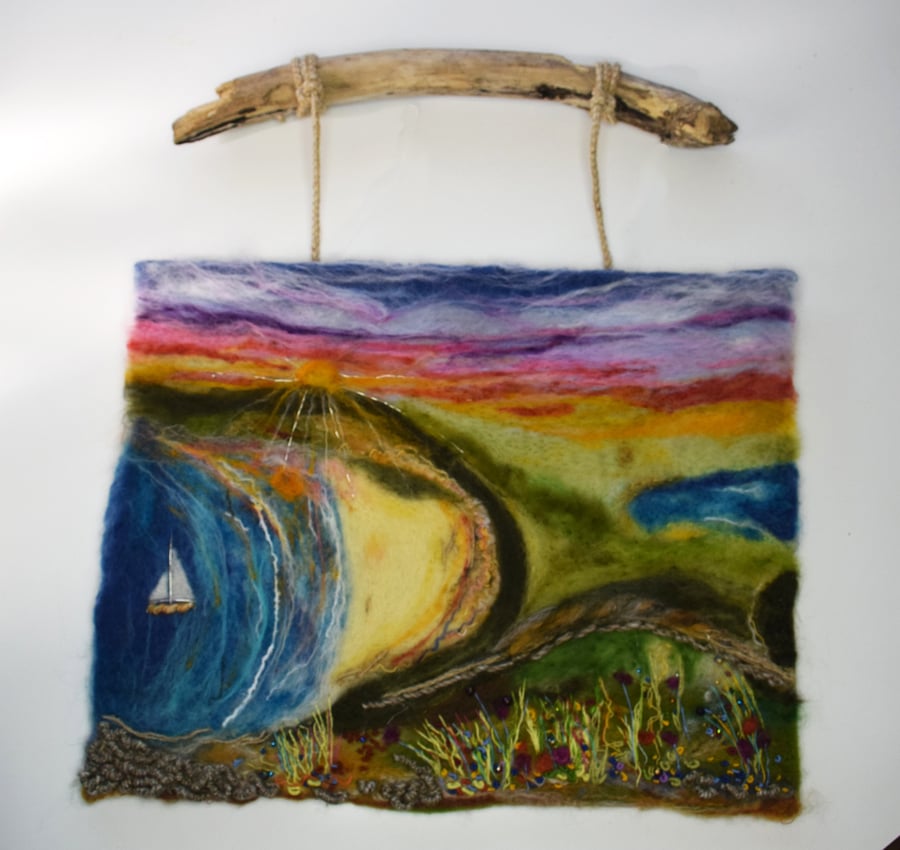 Needlefelted wallhanging with driftwood and rope hanger. Porthdinllaen.