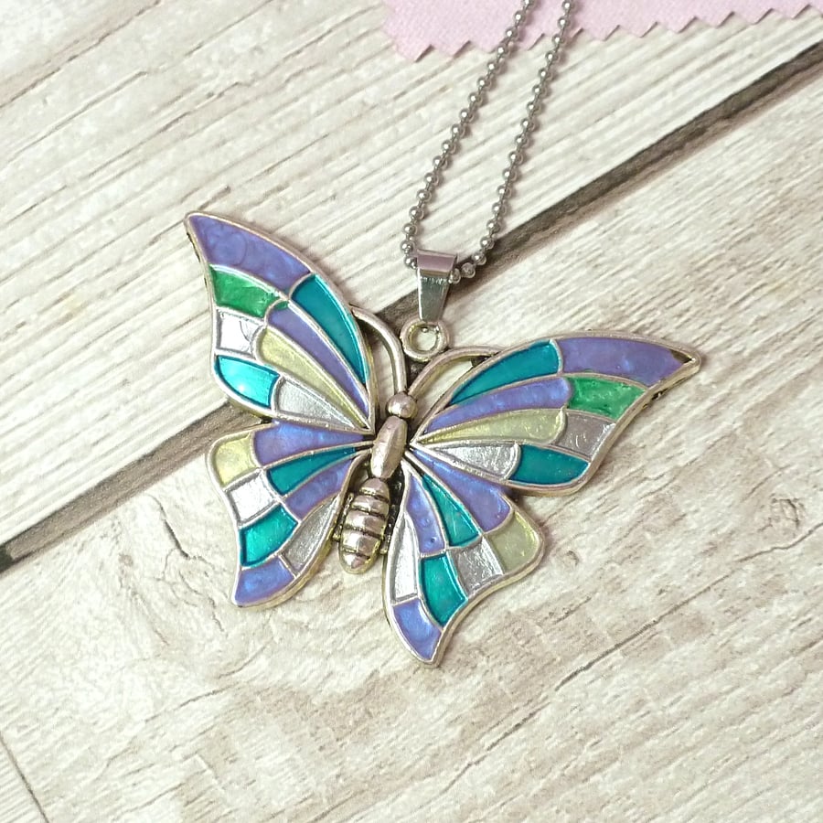 Lilac, metallic green and turquoise handpainted butterfly necklace for women