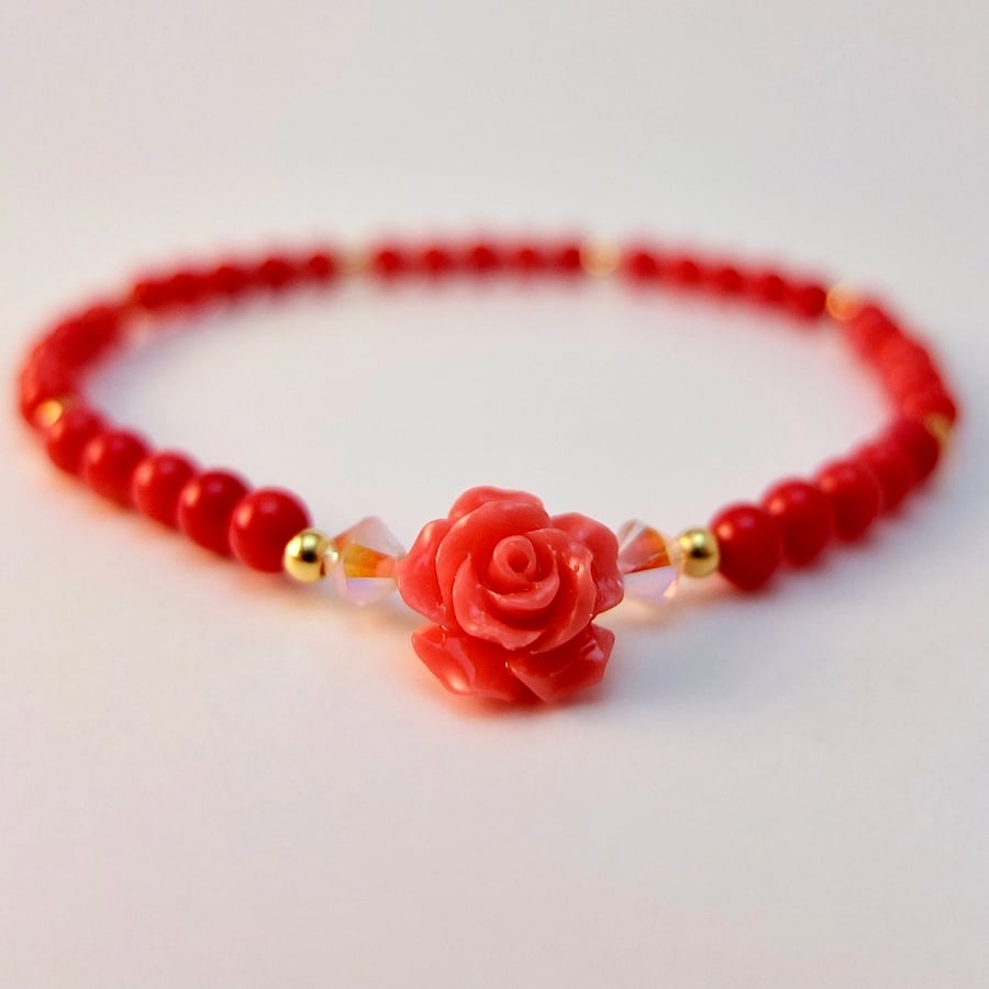Red Bamboo Coral Bracelet With Carved Coral Flower - Handmade In Devon