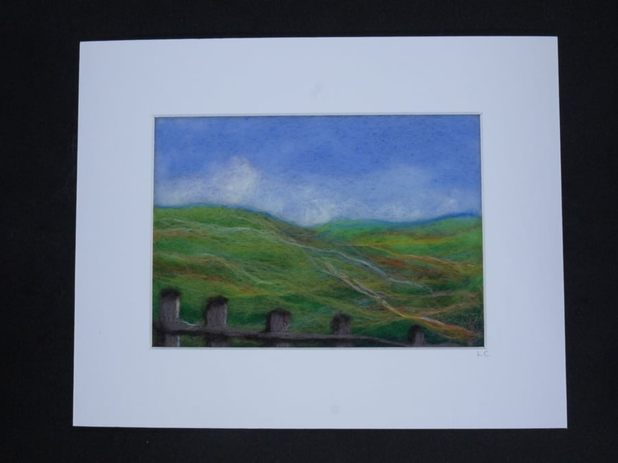 Handmade needle felted Peaks over the Fence 10 x 8 mounted original artwork