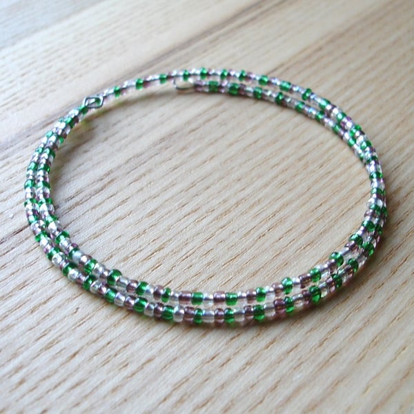 Green and Purple Glass Seed Bead Spiral Bracelet