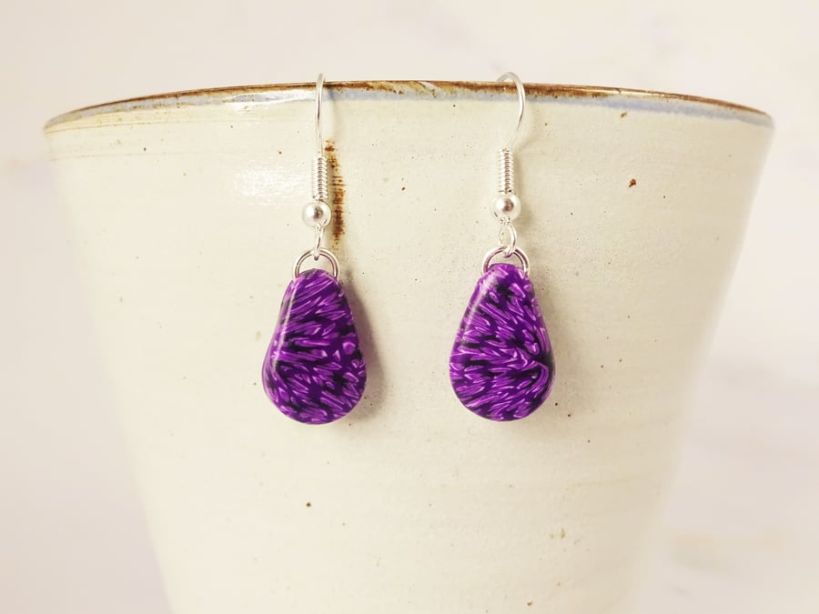 Small Teardrop Purple Earrings with Unique Abstract Pattern