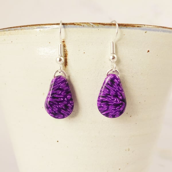 Small Teardrop Purple Earrings with Unique Abstract Pattern
