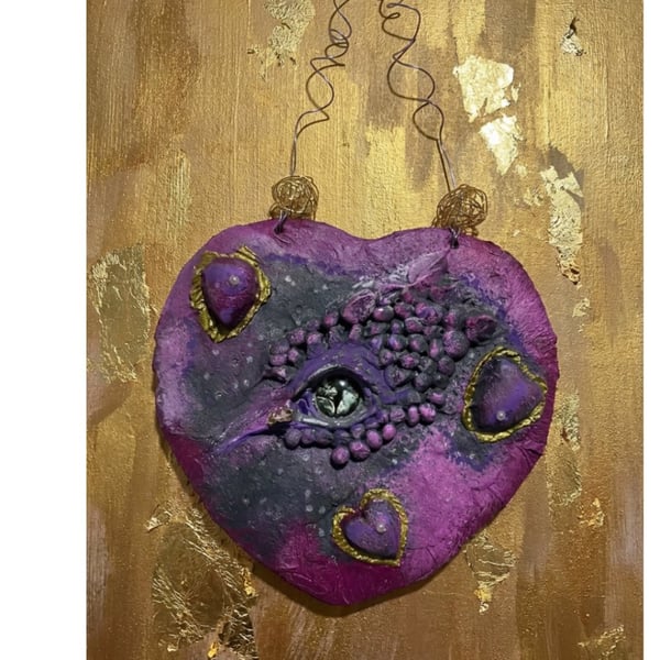 Purple dragon eye heart wall hanging handmade fantasy gothic sculpture 19x36cm