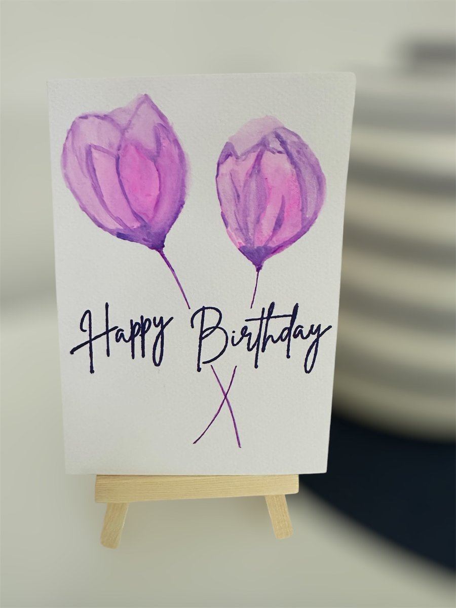 Happy birthday card, Hand painted watercolour, spring purple and pink flowers. 