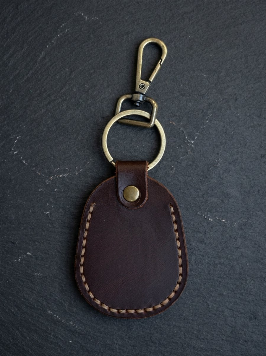 Dark Brown Full Grain Leather Shield Key Fob Snap Hook Clasp UK