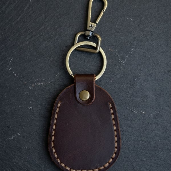 Dark Brown Full Grain Leather Shield Key Fob Snap Hook Clasp UK