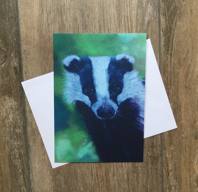 Large badger greeting card by UK artist Janet Bird