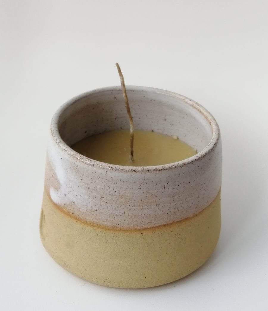 Handmade thrown stoneware pottery beeswax candle with organic hemp wick