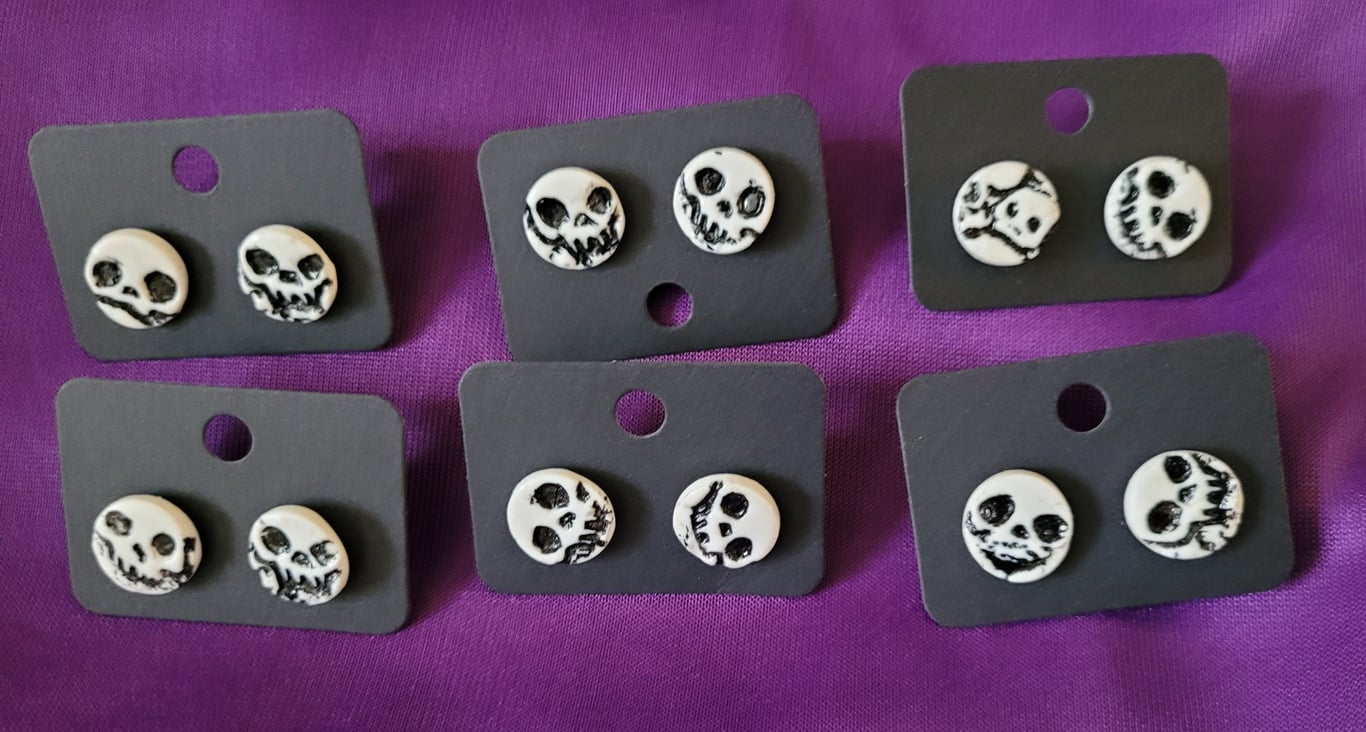 Handmade Polymer Clay Black and White Skull Studs, 316 Stainless Steel