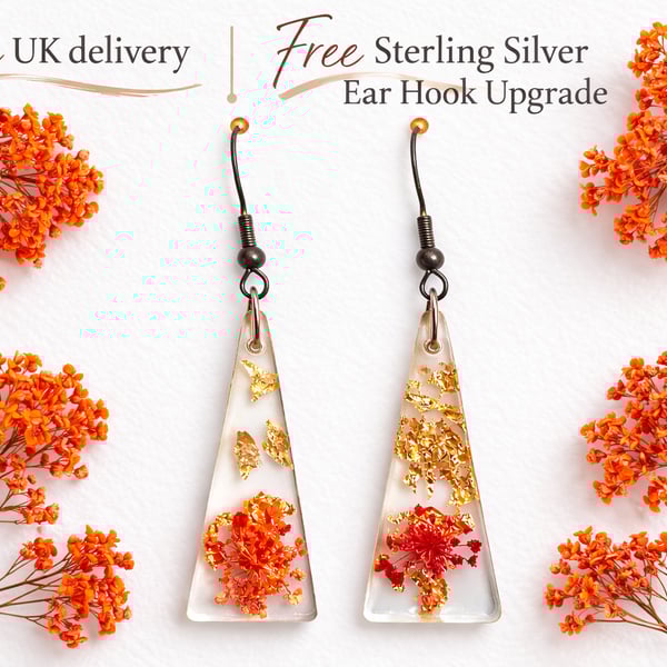 Orange Flower Resin Triangle Earrings with Gold Leaf – Lightweight Dangles