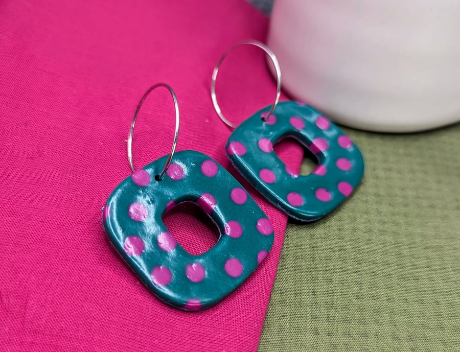 Dark Teal with Pink Spot Dangle Earrings – Reversible Polymer Clay Hoops
