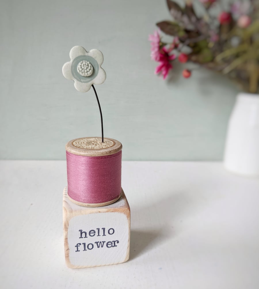 Clay Flower on a Vintage Wooden Bobbin 'hello flower'