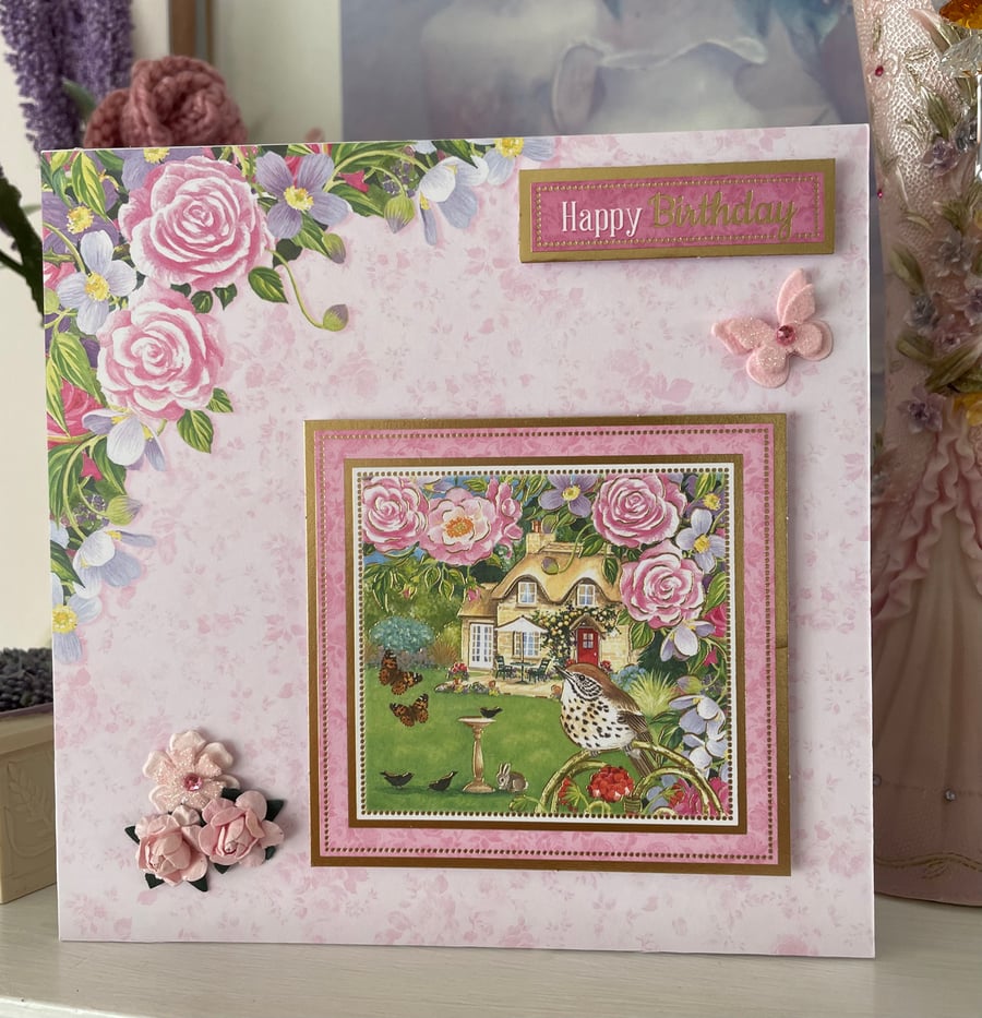 Summer garden, Rose and Thrush Birthday Card C - 72