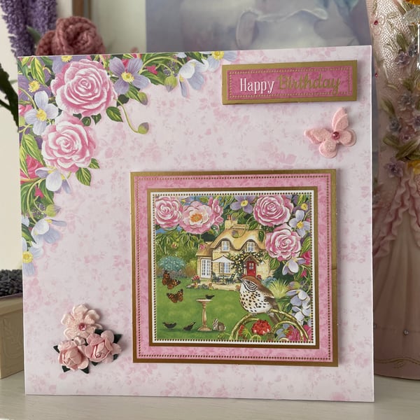 Summer garden, Rose and Thrush Birthday Card C - 72
