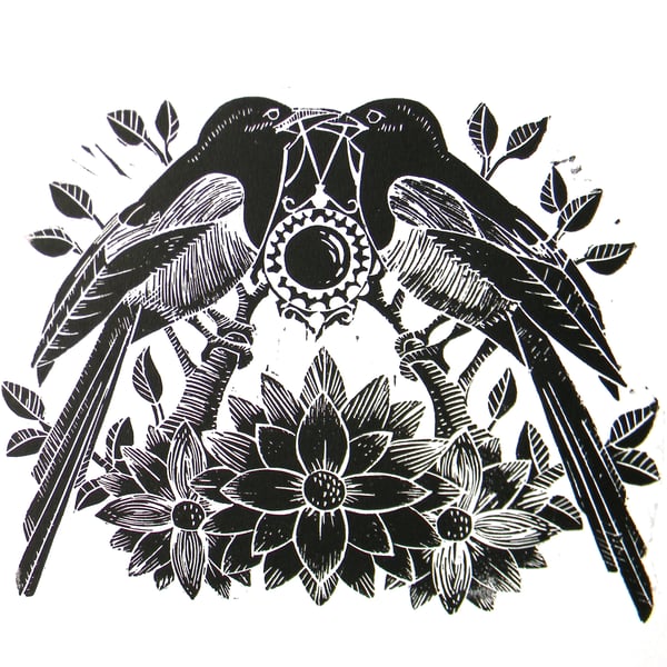  Two for Joy- Magpie Original Linocut Print