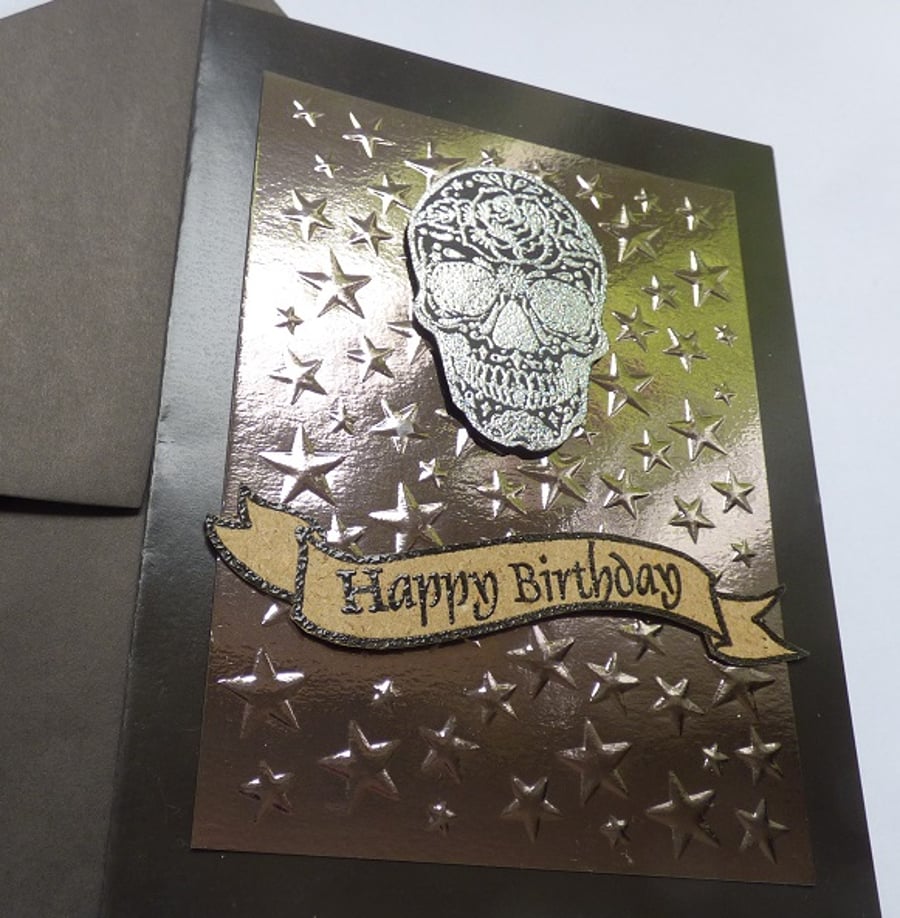 Silver tone candy skull birthday card