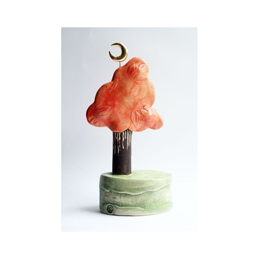 Harvest Moon - handmade ceramic Tree sculpture in orange and green