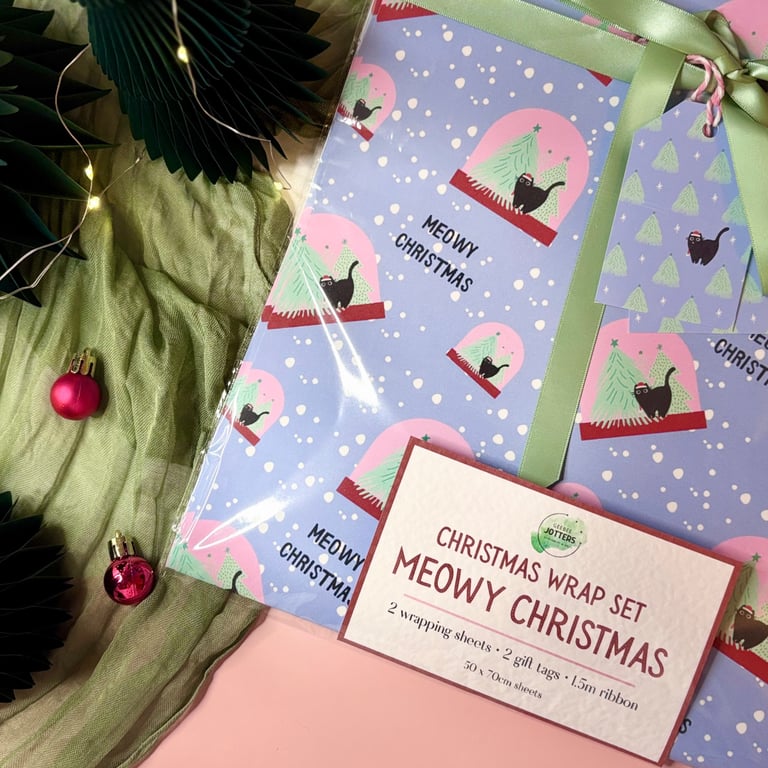 Blue Snowy Cat Christmas Wrap Set