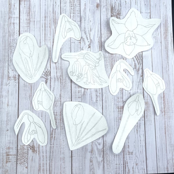 Spring flower embroidery patterns. Stick and stitch designs.