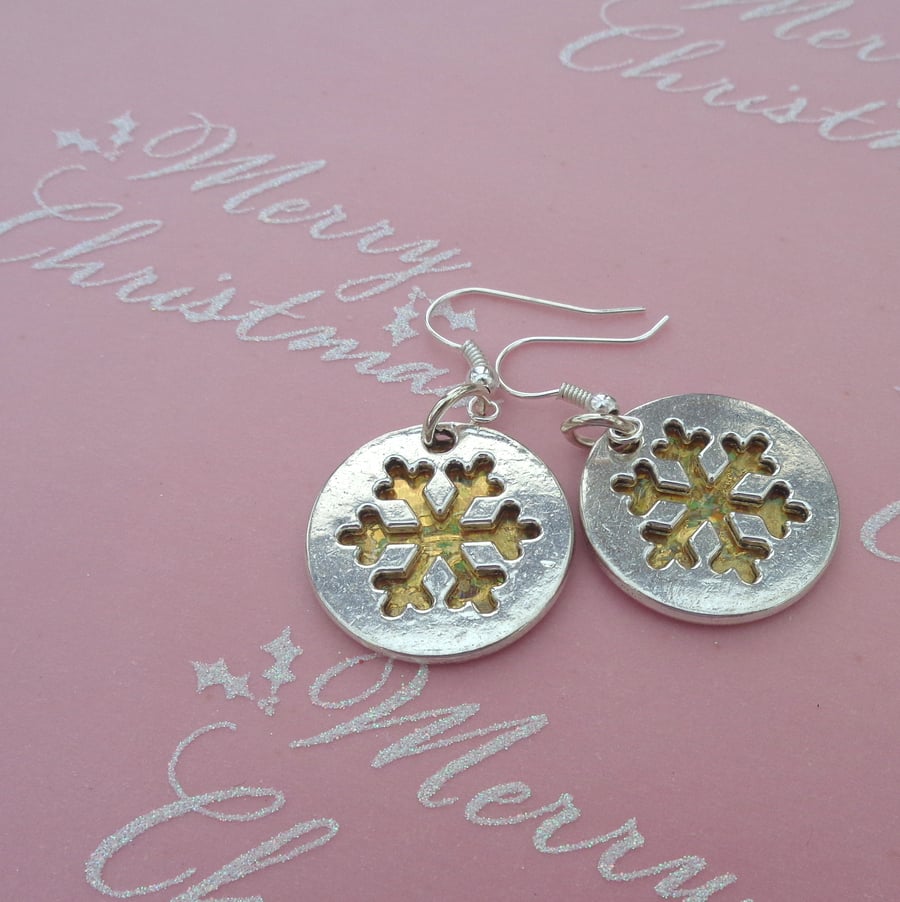 Christmas earrings Novelty silver metal with golden snowflakes