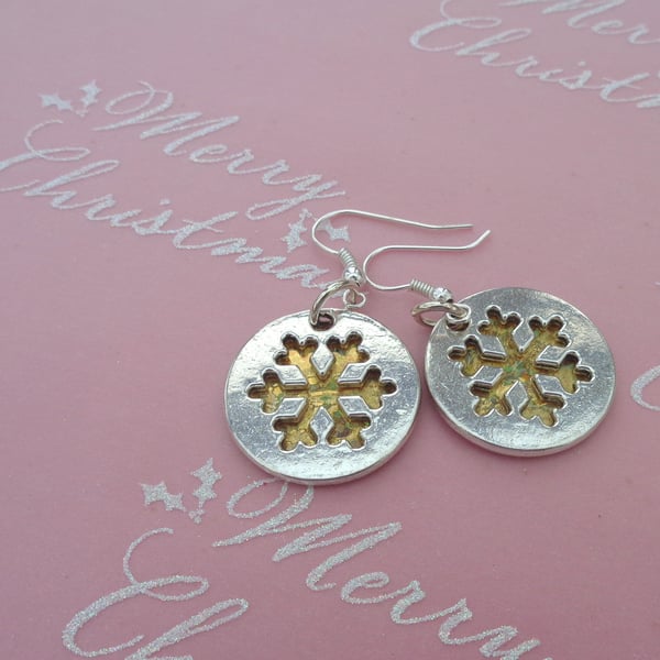 Christmas earrings Novelty silver metal with golden snowflakes