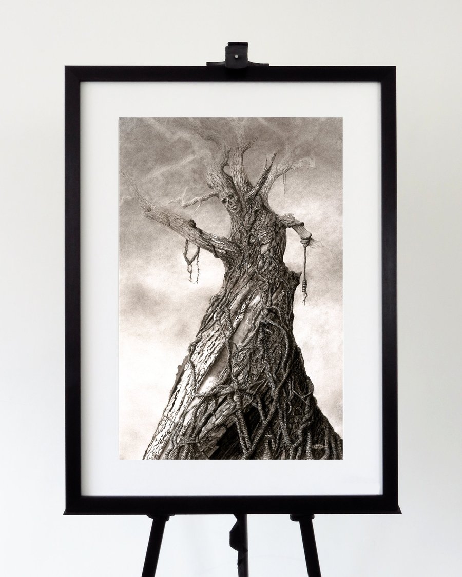 Timber scary tree print, gothic horror illustration