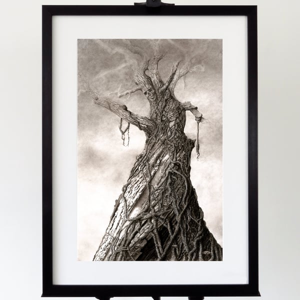 Timber scary tree print, gothic horror illustration