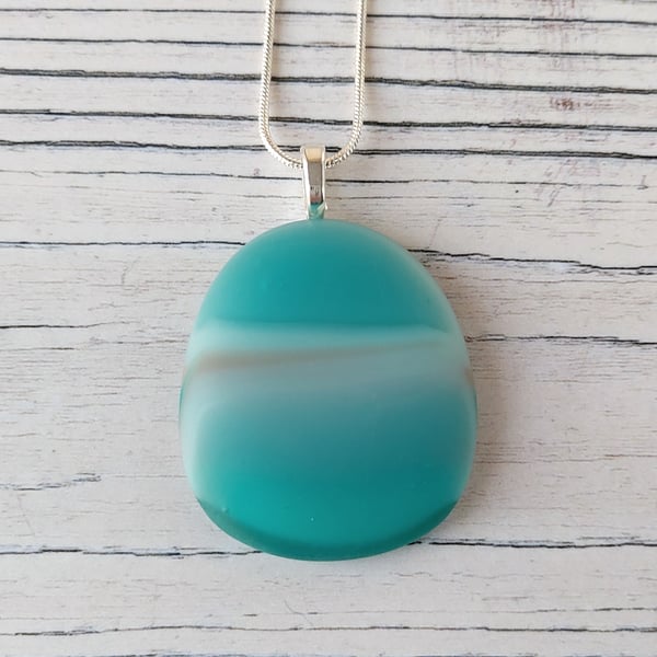 Aqua glass pebble pendant with chain