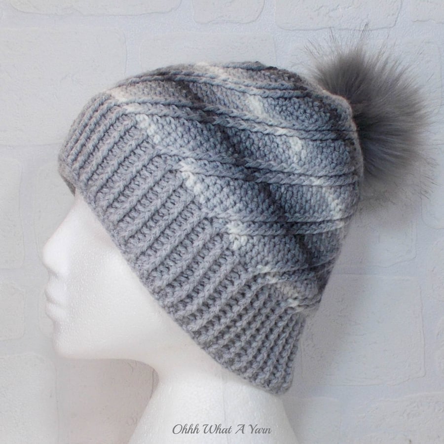 Crochet hat, beanie. Grey and white ombre ladies swirl pom pom hat. Ladies hat.