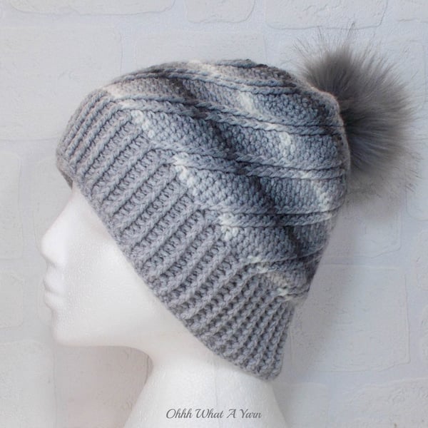Crochet hat, beanie. Grey and white ombre ladies swirl pom pom hat. Ladies hat.
