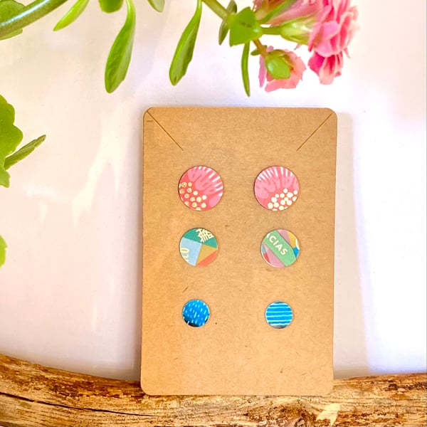 Multicoloured recycled plastic stud earrings - set of 3 pairs - floral & graphic